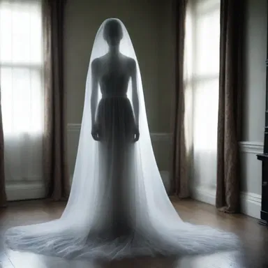 As the ghostly image appeared, the fabric of her dress began to full on its own, creating a haunting and eerie effect.