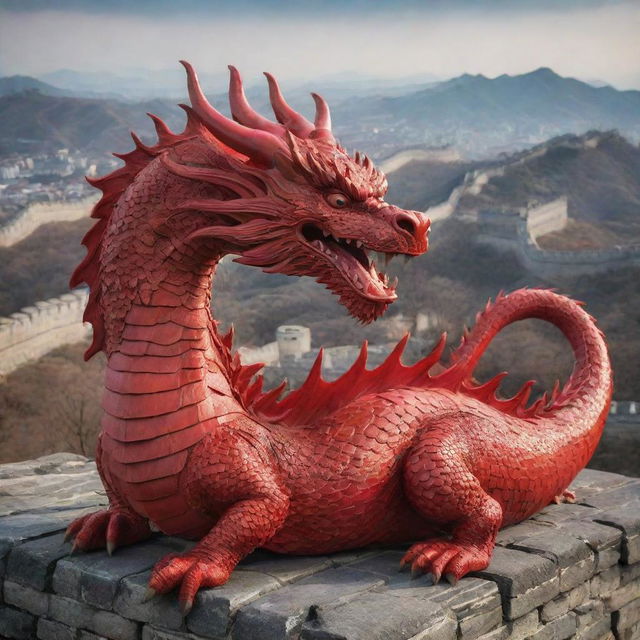 China personified as a majestic red dragon, an important symbol in Chinese mythology, weaving through iconic landmarks like the Great Wall of China and the Forbidden City.