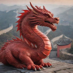 China personified as a majestic red dragon, an important symbol in Chinese mythology, weaving through iconic landmarks like the Great Wall of China and the Forbidden City.