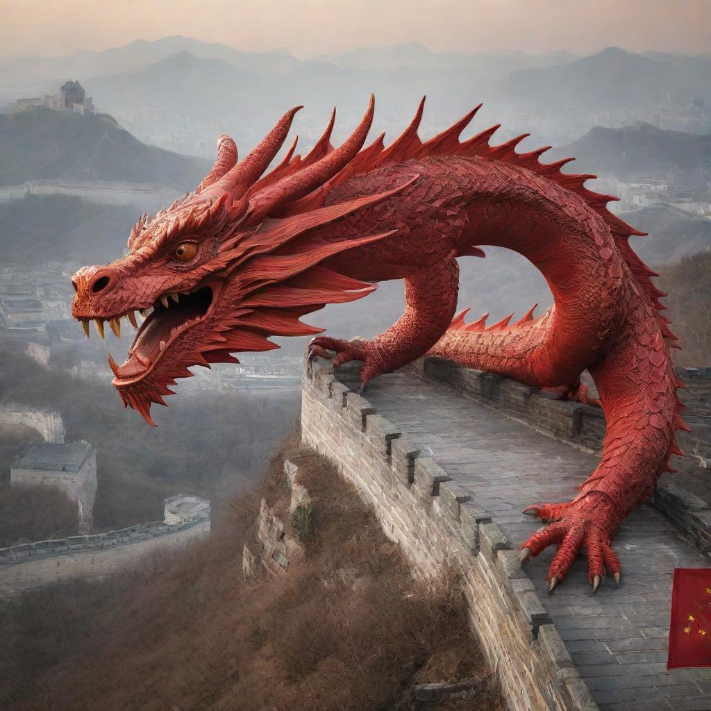 China personified as a majestic red dragon, an important symbol in Chinese mythology, weaving through iconic landmarks like the Great Wall of China and the Forbidden City.