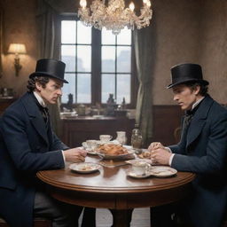 Animated characters of Sherlock Holmes and Watson sitting at a dining table, comfortably enjoying a breakfast in a Victorian era setting