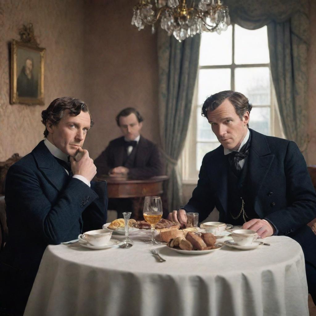 Animated characters of Sherlock Holmes and Watson sitting at a dining table, comfortably enjoying a breakfast in a Victorian era setting