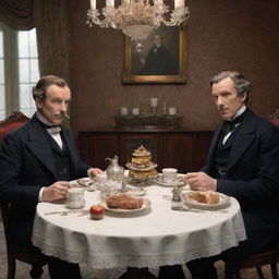 Animated characters of Sherlock Holmes and Watson sitting at a dining table, comfortably enjoying a breakfast in a Victorian era setting