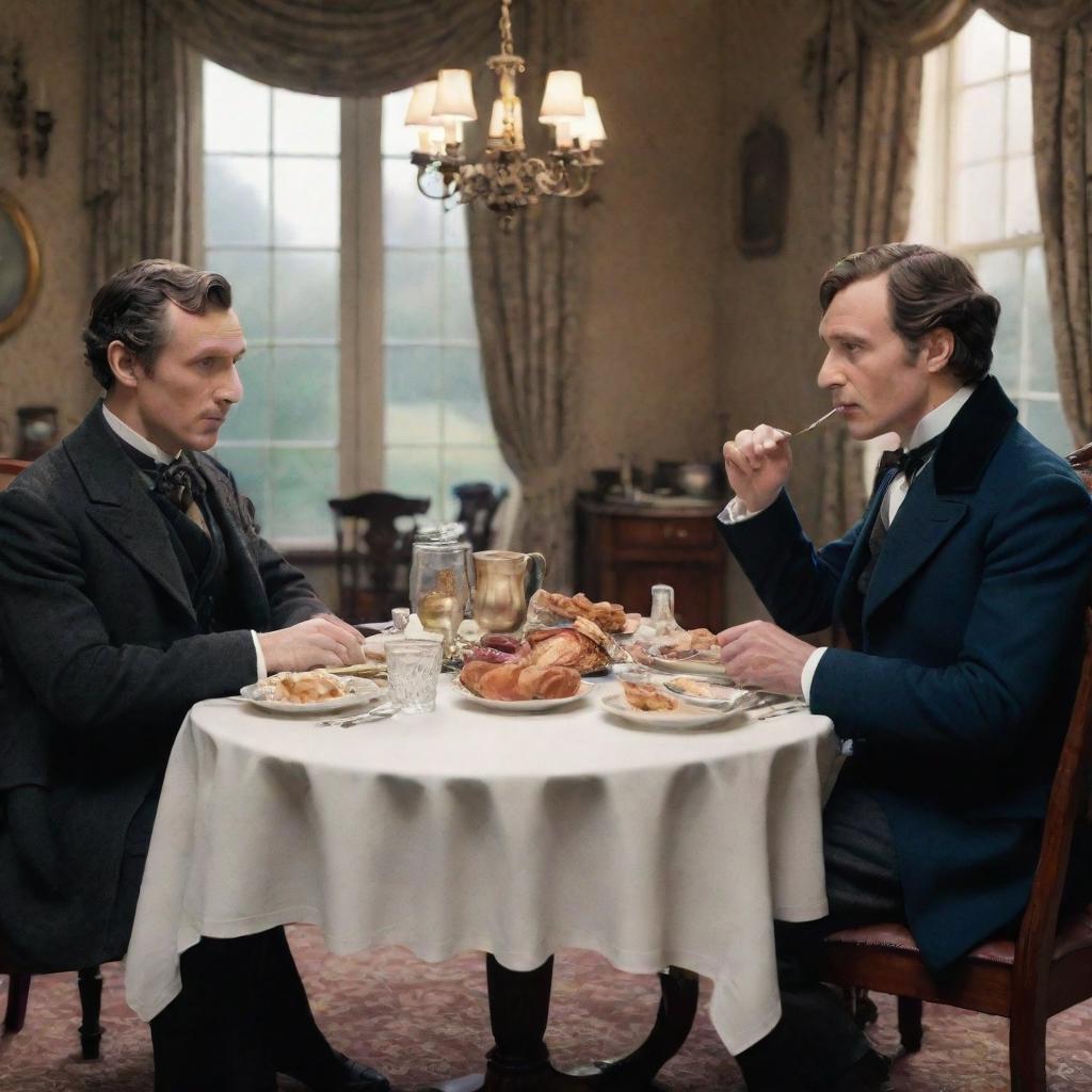 Animated characters of Sherlock Holmes and Watson sitting at a dining table, comfortably enjoying a breakfast in a Victorian era setting