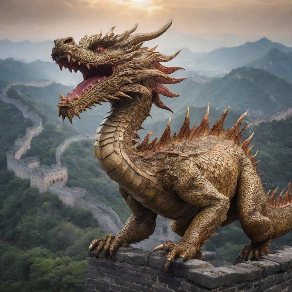 China personified as a powerful and majestic dragon, an iconic symbol in Chinese mythology, soaring above landmarks such as the Great Wall and Chinese pagodas.