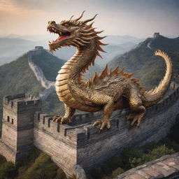 China personified as a powerful and majestic dragon, an iconic symbol in Chinese mythology, soaring above landmarks such as the Great Wall and Chinese pagodas.