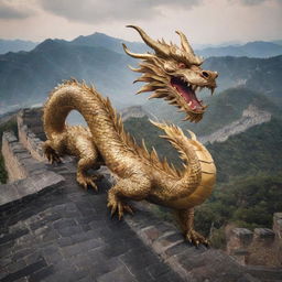 China personified as a powerful and majestic dragon, an iconic symbol in Chinese mythology, soaring above landmarks such as the Great Wall and Chinese pagodas.