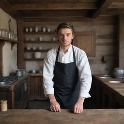 Within the rustic setting of a 17th-century wooden restaurant, a handsome young man is immersed in serious cooking, displaying dedication to his culinary craft