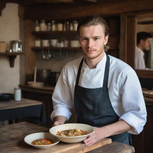 Within the rustic setting of a 17th-century wooden restaurant, a handsome young man is immersed in serious cooking, displaying dedication to his culinary craft