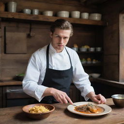 Within the rustic setting of a 17th-century wooden restaurant, a handsome young man is immersed in serious cooking, displaying dedication to his culinary craft