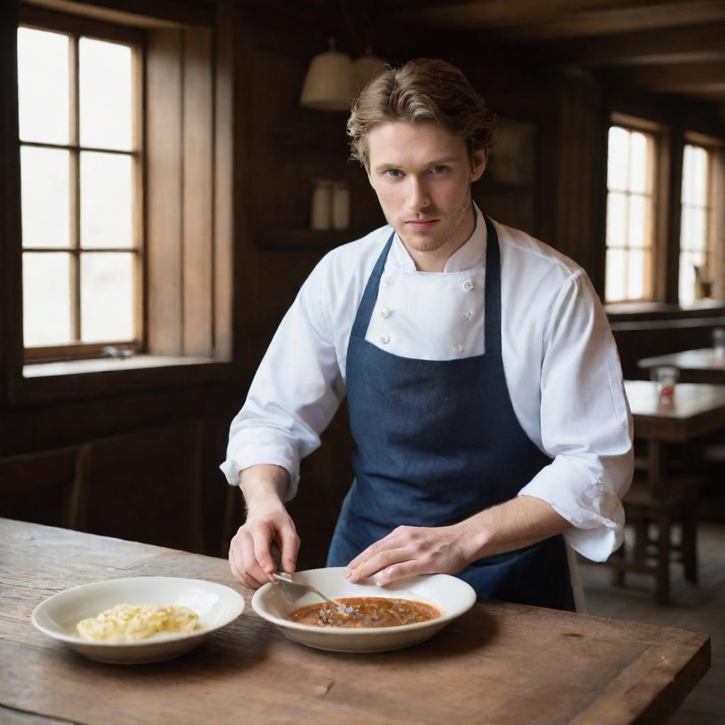 Within the rustic setting of a 17th-century wooden restaurant, a handsome young man is immersed in serious cooking, displaying dedication to his culinary craft