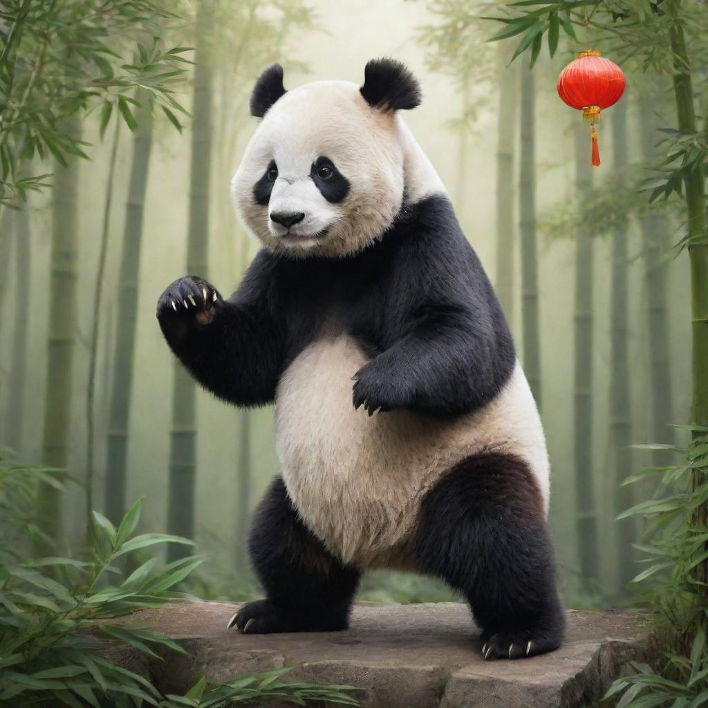 China personified as a Giant Panda, a national emblem, nestled in a bamboo forest with elements like the Great Wall and Chinese lanterns in the backdrop.