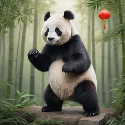 China personified as a Giant Panda, a national emblem, nestled in a bamboo forest with elements like the Great Wall and Chinese lanterns in the backdrop.