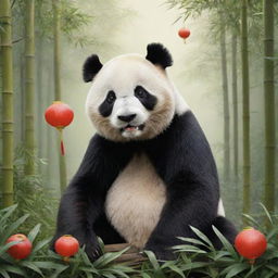 China personified as a Giant Panda, a national emblem, nestled in a bamboo forest with elements like the Great Wall and Chinese lanterns in the backdrop.