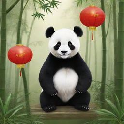 China personified as a Giant Panda, a national emblem, nestled in a bamboo forest with elements like the Great Wall and Chinese lanterns in the backdrop.