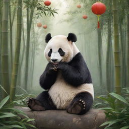 China personified as a Giant Panda, a national emblem, nestled in a bamboo forest with elements like the Great Wall and Chinese lanterns in the backdrop.