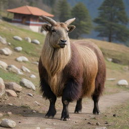 Bhutan personified as a regal Takin, the national animal, traversing the unique landscapes of this Himalayan kingdom, amidst monasteries and prayer flags.