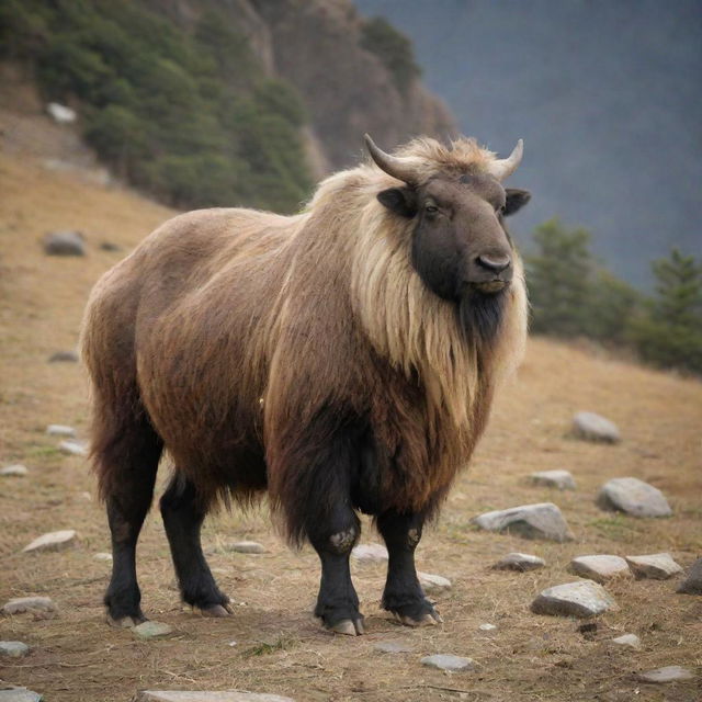 Bhutan personified as a regal Takin, the national animal, traversing the unique landscapes of this Himalayan kingdom, amidst monasteries and prayer flags.