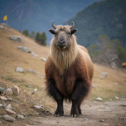 Bhutan personified as a regal Takin, the national animal, traversing the unique landscapes of this Himalayan kingdom, amidst monasteries and prayer flags.