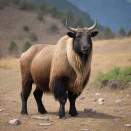 Bhutan personified as a regal Takin, the national animal, traversing the unique landscapes of this Himalayan kingdom, amidst monasteries and prayer flags.