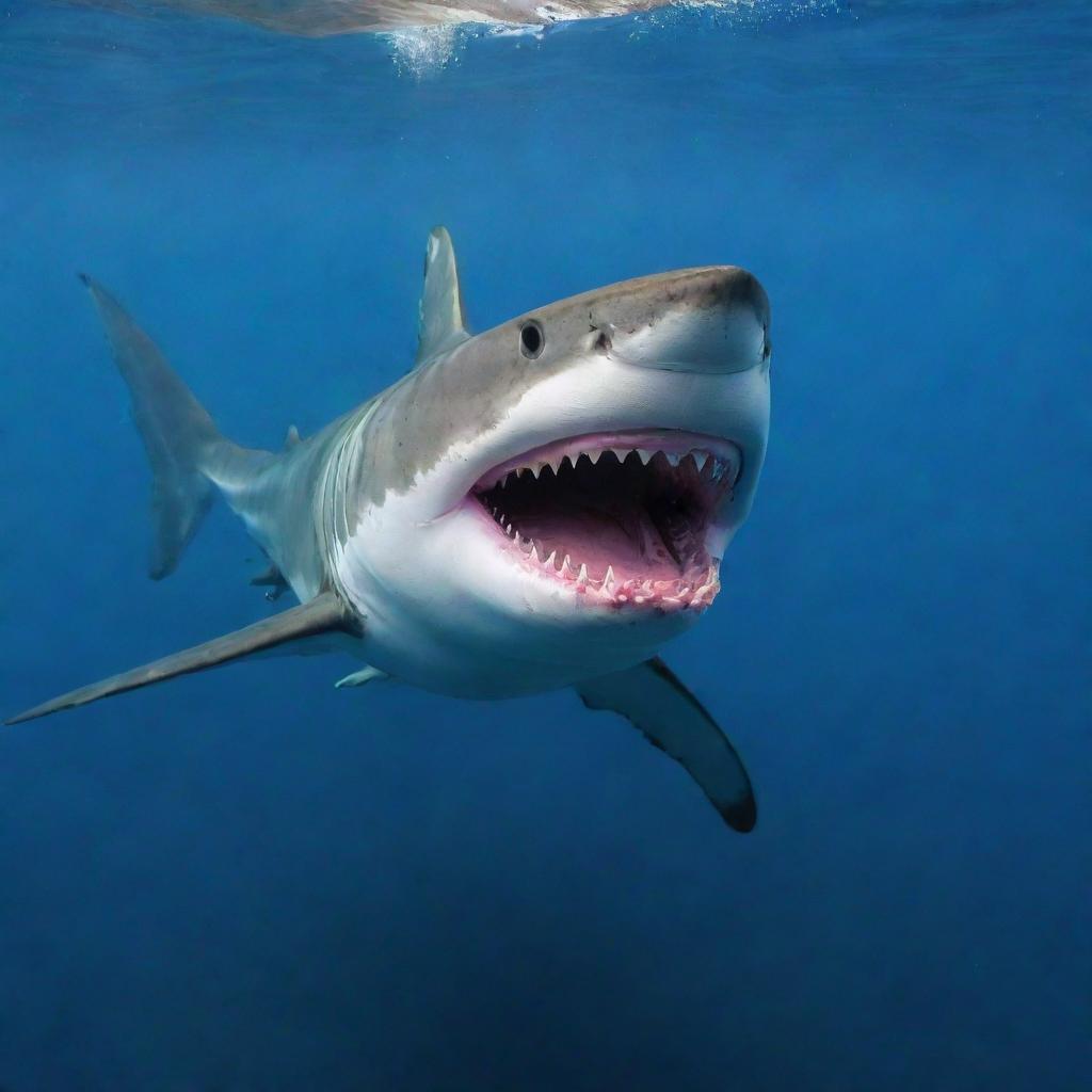 A vibrant multicolored shark with huge teeth, floating on the surface of the sea.