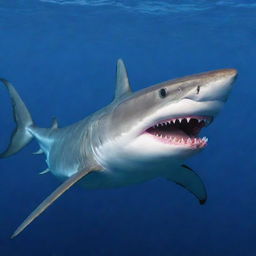 A vibrant multicolored shark with huge teeth, floating on the surface of the sea.