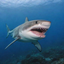 A vibrant multicolored shark with huge teeth, floating on the surface of the sea.