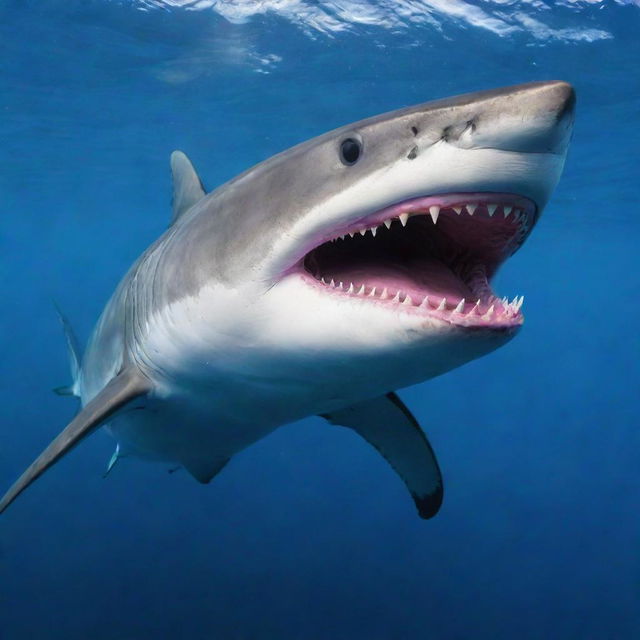 A vibrant multicolored shark with huge teeth, floating on the surface of the sea.