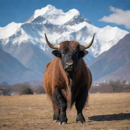 Nepal represented by a powerful Himalayan yak, the native animal standing on an alpine meadow with a backdrop of snow-capped mountains and ancient temples.