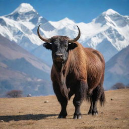 Nepal represented by a powerful Himalayan yak, the native animal standing on an alpine meadow with a backdrop of snow-capped mountains and ancient temples.