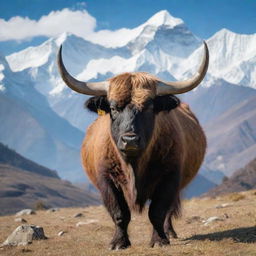 Nepal represented by a powerful Himalayan yak, the native animal standing on an alpine meadow with a backdrop of snow-capped mountains and ancient temples.