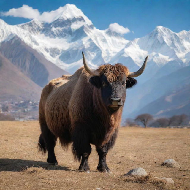 Nepal represented by a powerful Himalayan yak, the native animal standing on an alpine meadow with a backdrop of snow-capped mountains and ancient temples.