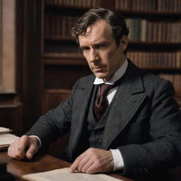 Sherlock Holmes, sitting with a thoughtful expression in his study, suddenly remembers that he forgot to shave