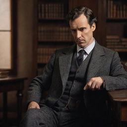 Sherlock Holmes, sitting with a thoughtful expression in his study, suddenly remembers that he forgot to shave