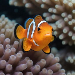 Maldives represented by a vibrant Clownfish, native to the area, swimming among beautiful corals and tropical vegetation, with undersea and palm-studded beach landscapes blended.