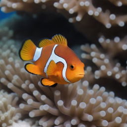 Maldives represented by a vibrant Clownfish, native to the area, swimming among beautiful corals and tropical vegetation, with undersea and palm-studded beach landscapes blended.