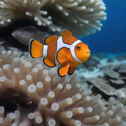 Maldives represented by a vibrant Clownfish, native to the area, swimming among beautiful corals and tropical vegetation, with undersea and palm-studded beach landscapes blended.