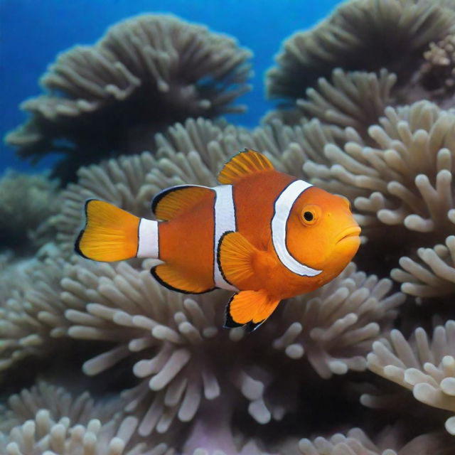 Maldives represented by a vibrant Clownfish, native to the area, swimming among beautiful corals and tropical vegetation, with undersea and palm-studded beach landscapes blended.