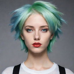 Create a tall, tomboy styled girl with light green hair. She has one black eye with a red pupil and one blue eye with a black pupil. She is slim.