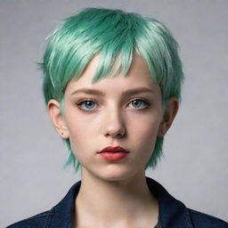 Create a tall, tomboy styled girl with light green hair. She has one black eye with a red pupil and one blue eye with a black pupil. She is slim.