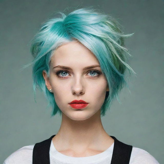 Create a tall, tomboy styled girl with light green hair. She has one black eye with a red pupil and one blue eye with a black pupil. She is slim.