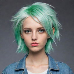 Create a tall, tomboy styled girl with light green hair. She has one black eye with a red pupil and one blue eye with a black pupil. She is slim.