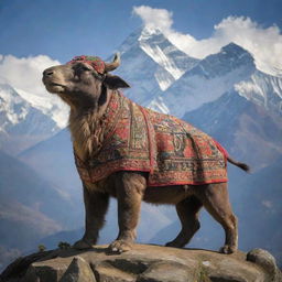 An imaginative animal representation of Nepal, embodying the country's distinguishing characteristics such as its majestic mountains, its unique culture, and its diverse flora and fauna 