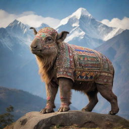 An imaginative animal representation of Nepal, embodying the country's distinguishing characteristics such as its majestic mountains, its unique culture, and its diverse flora and fauna 