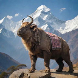 An imaginative animal representation of Nepal, embodying the country's distinguishing characteristics such as its majestic mountains, its unique culture, and its diverse flora and fauna 