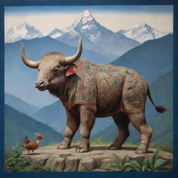 An imaginative animal representation of Nepal, embodying the country's distinguishing characteristics such as its majestic mountains, its unique culture, and its diverse flora and fauna 