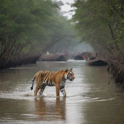 Bangladesh personified as a Royal Bengal Tiger, the national animal, prowling through the Sundarbans mangrove forest with a backdrop of Padma River and traditional boats.