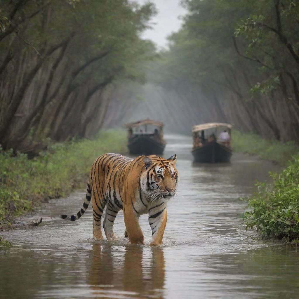 Bangladesh personified as a Royal Bengal Tiger, the national animal, prowling through the Sundarbans mangrove forest with a backdrop of Padma River and traditional boats.