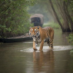 Bangladesh personified as a Royal Bengal Tiger, the national animal, prowling through the Sundarbans mangrove forest with a backdrop of Padma River and traditional boats.