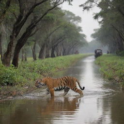 Bangladesh personified as a Royal Bengal Tiger, the national animal, prowling through the Sundarbans mangrove forest with a backdrop of Padma River and traditional boats.